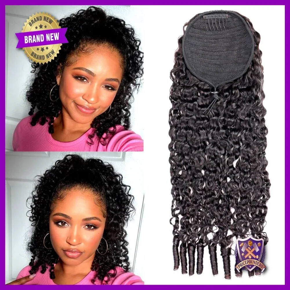 18 Inch Burmese Curly Ponytail Extensions Human Hair Clip Ins 3C4A